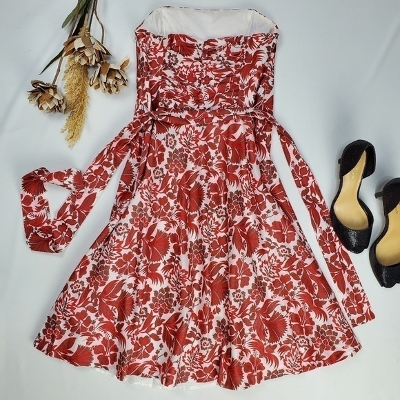 🔴 Campaign Brown Red Floral Belted Strapless Dress Size 6 - Picture 5 of 15